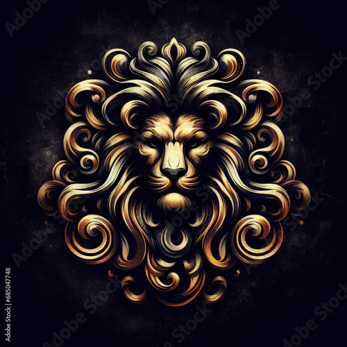 3d lion logo carving and engraving on dark background photo