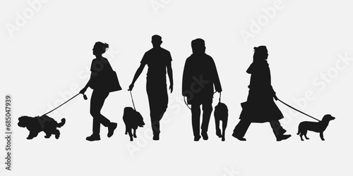 set of silhouettes of people and dogs walking. front, side, back view. isolated on white background. graphic vector illustration.