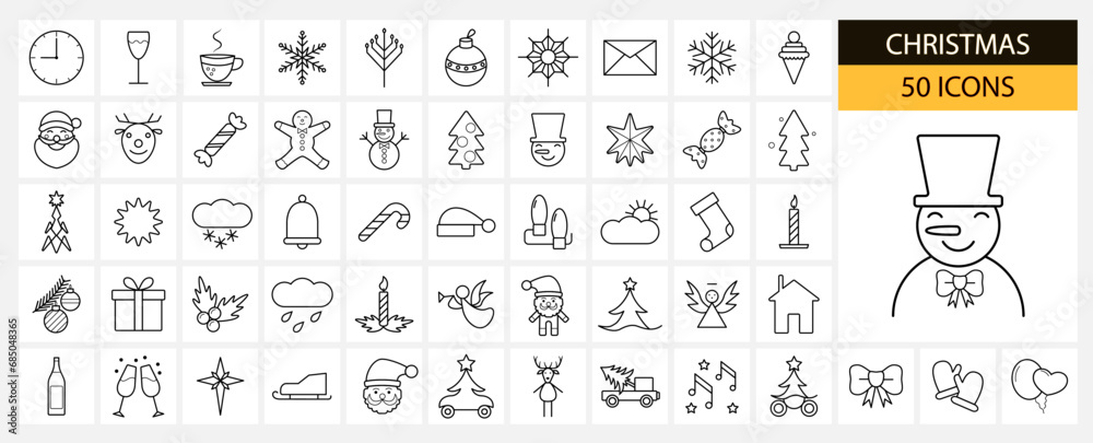 Set of icons on the theme of Christmas. Linear icons in black on a white background. Christmas and New Year. Winter holidays. Christmas holiday season