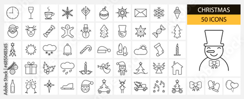 Set of icons on the theme of Christmas. Linear icons in black on a white background. Christmas and New Year. Winter holidays. Christmas holiday season