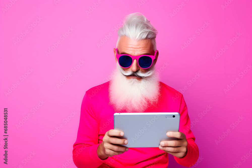 Colorful studio portrait of an old man using modern day technology and gadgets. Bold, vibrant and minimalist. Generative AI