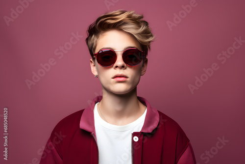 Colorful studio portrait of a cool teenager boy with age specific outfit and accessories. Bold, vibrant and minimalist. Generative AI