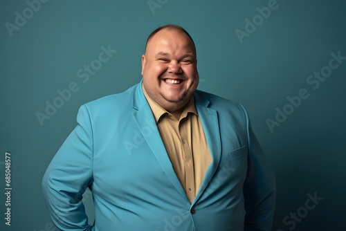 Slightly overweight businessman smiling confidently. Bold and vibrant clean minimalist studio portrait, copy space.