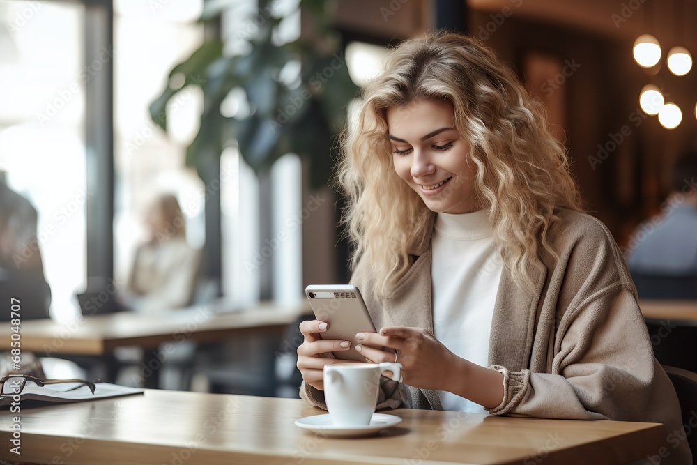 Happy female student sitting in a coffee shop, using a smartphone Happy female student sitting in a coffee shop, using a smartphone