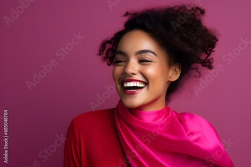 Colorful studio portrait of an ethnic woman smiling happily. Bold, vibrant and minimalist. Generative AI © Mihai Zaharia