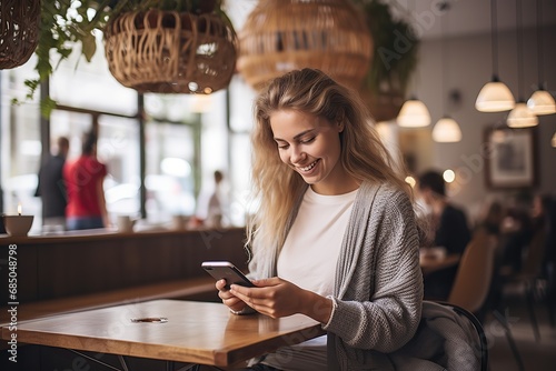 Happy female student sitting in a coffee shop, using a smartphone