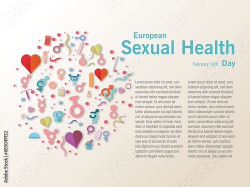 European Sexual Health Day.gender icons in different colors surrounded by circles and hearts and between them contraceptive methods.
February 14th