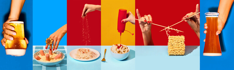Collage. Different types of food and beer on multicolored background. Dinner time. Noodles, pasts, potato and sausages. Food pop art photography. Complementary colors