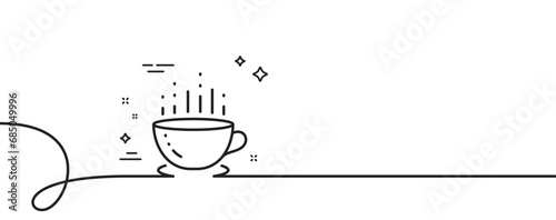 Coffee cup line icon. Continuous one line with curl. Hot tea drink sign. Hotel service symbol. Coffee cup single outline ribbon. Loop curve pattern. Vector