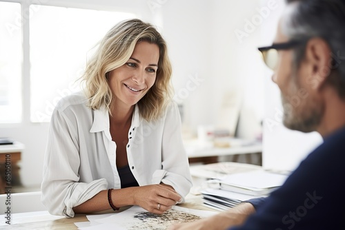 Happy business woman talking to her colleague in a meeting, Smiling female hr hiring recruit at job interview, bank or insurance agent, lawyer making contract deal with client at work © Malynka