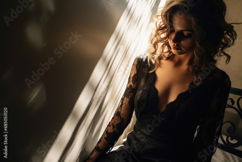 Portrait of a beautiful sensual woman in a black lace and silk dress photo