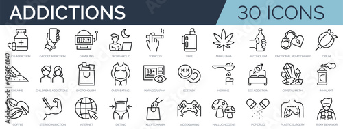 Set of 30 outline icons related to addictions. Linear icon collection. Editable stroke. Vector illustration