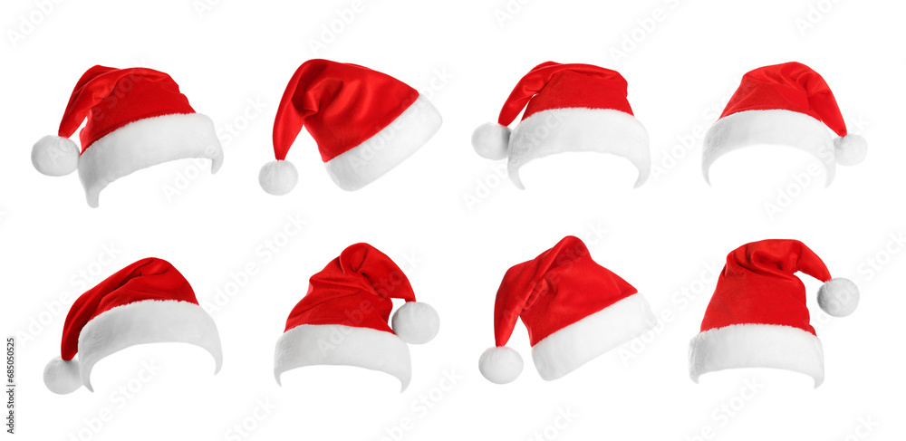 Red Santa Claus hat isolated on white, set Red Santa Claus hat isolated on white, set