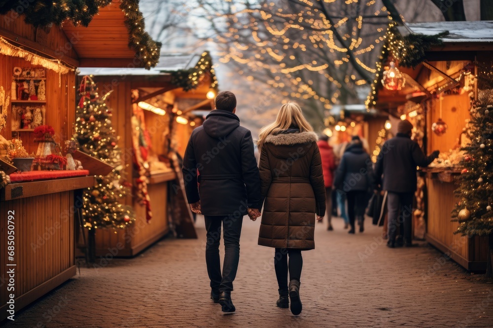 Couple walking on the Christmas market in Vilnius, Lithuania, Enjoying Christmas Market, a couple walking near stalls, AI Generated