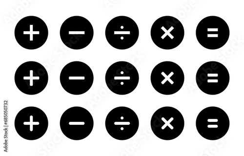 Addition, subtraction, division, multiplication, and equality icon vector in black circle