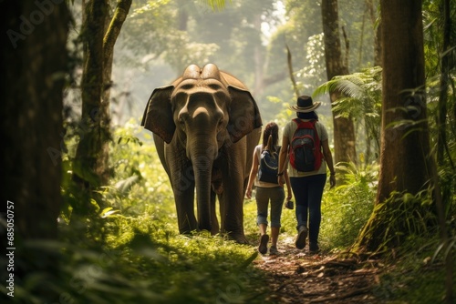Young couple walking in the jungle with an elephant in the background, Eco travel in the jungle with wild animals elephants, AI Generated © Ifti Digital