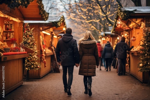 Couple walking on the Christmas market in Vilnius, Lithuania, Enjoying Christmas Market, a couple walking near stalls, AI Generated © Ifti Digital