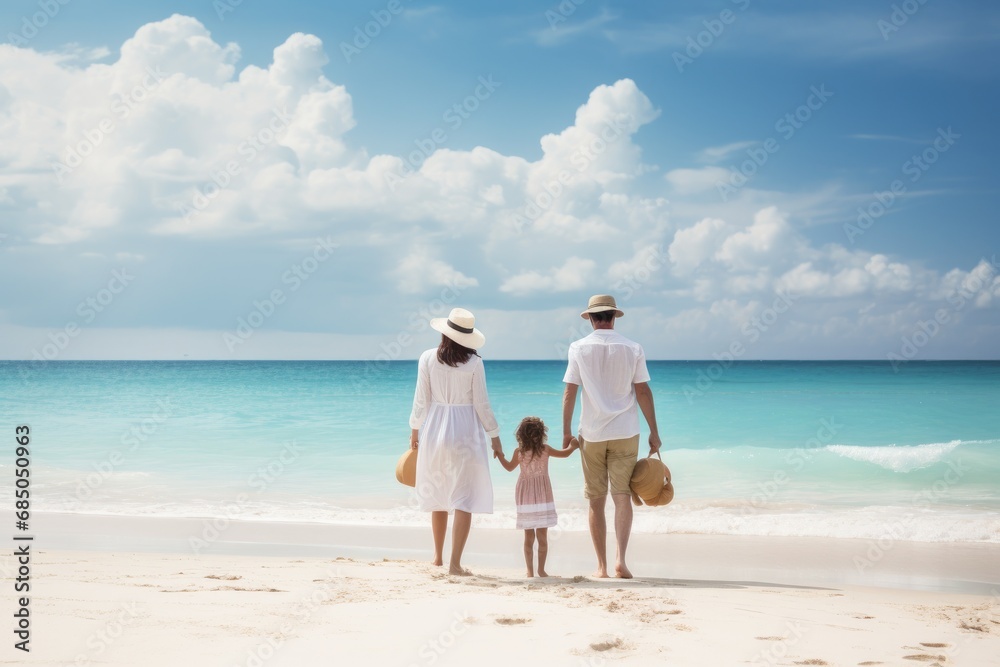 Back view of happy family walking on tropical beach during summer vacation, Family on a tropical beach vacation, AI Generated