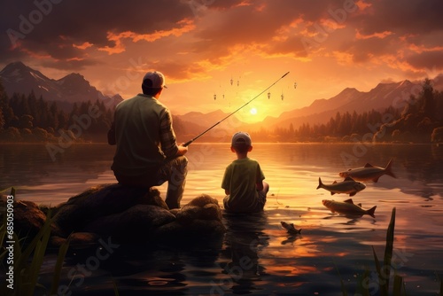 Fisherman with his son fishing on a lake at sunset, Family dad and two sons are fishing at sunset, AI Generated