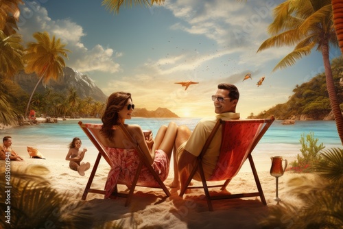 Couple sitting on a sun lounger on a tropical beach, Family on a tropical beach vacation, AI Generated © Ifti Digital