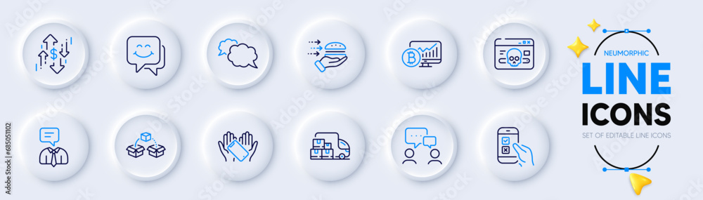 Bitcoin chart, Mobile survey and Messenger line icons for web app. Pack of Smartphone holding, Support service, Food delivery pictogram icons. Delivery truck, Dollar rate, Smile face signs. Vector Bitcoin chart, Mobile survey and Messenger line icons for web app. Pack of Smartphone holding, Support service, Food delivery pictogram icons. Delivery truck, Dollar rate, Smile face signs. Vector