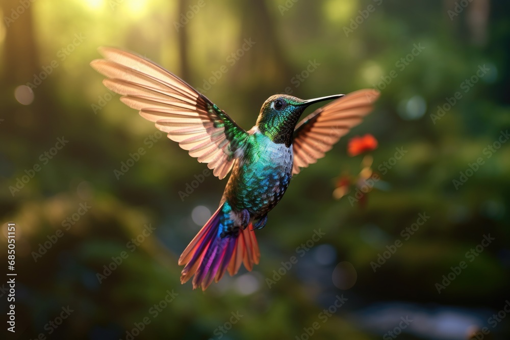 Obraz premium Beautiful hummingbird in flight with outstretched wings. Wildlife scene from tropic jungle. Hummingbird in flight with outstretched wings. Wildlife scene from tropic jungle, AI Generated
