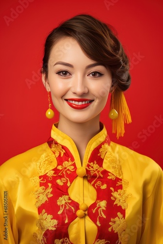 Studio portrait of happy young european woman wear traditional chinese costume on red background. Happy chinese new year