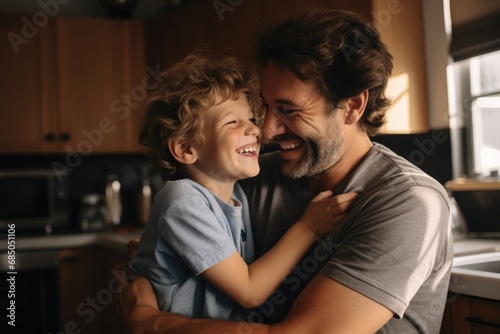 happy father and son hugging and laughing while sitting in kitchen at home, Father hugging cheerful son at home, AI Generated