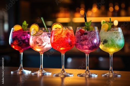 Variety of alcoholic cocktails on the bar counter in the night club, Five colorful gin tonic cocktails in wine glasses on the bar counter in a pub or restaurant, AI Generated