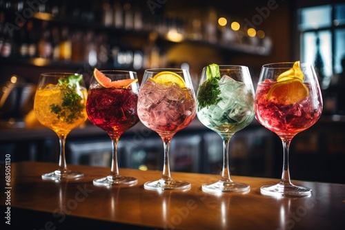 Variety of alcoholic cocktails on the bar counter in night club, Five colorful gin tonic cocktails in wine glasses on the bar counter in a pub or restaurant, AI Generated