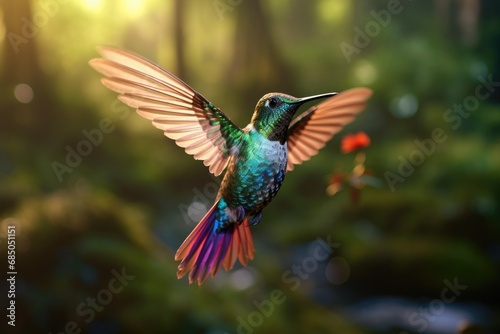 Beautiful hummingbird in flight with outstretched wings. Wildlife scene from tropic jungle. Hummingbird in flight with outstretched wings. Wildlife scene from tropic jungle, AI Generated