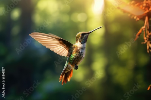Ruby-throated Hummingbird archilochus colubris in flight, Flying hummingbird with green forest in background, Small colorful bird in flight, AI Generated photo