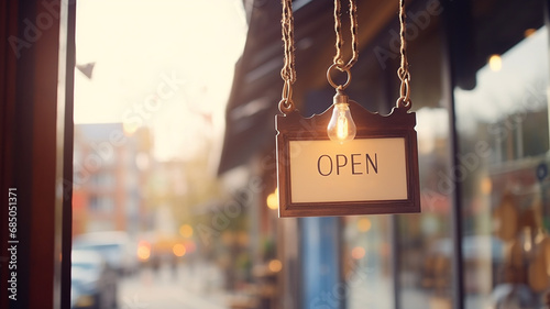 vintage sign open hanging on glass door in cafe