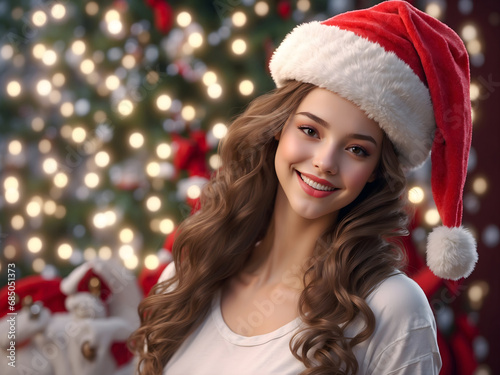 a cute Girl in Santa Claus hat smiling to camera in Christmas Background