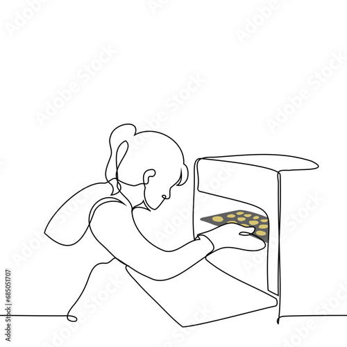 woman with an open oven takes out or puts in a baking tray with cookies  - one line art vector. concept home cooking cookies
