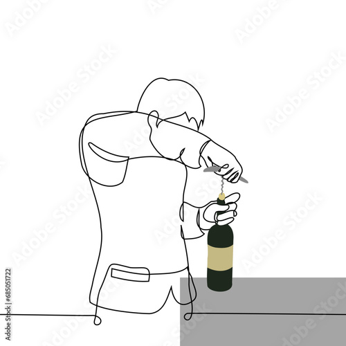 man stands opening a bottle of wine with a corkscrew - one line art vector. concept of male waiter opening wine bottle