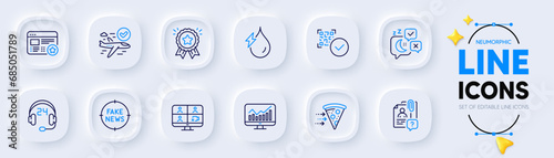 Favorite, Loyalty award and Statistics line icons for web app. Pack of Fake news, Consulting, Video conference pictogram icons. Search employee, Qr code, Sleep signs. Hydroelectricity. Vector