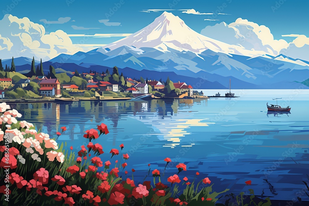 Enchanting Puerto Varas: Captivating Digital Illustration of Osorno Volcano, Llanquihue Lake, and German-style Architecture