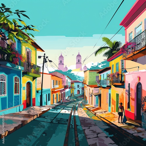 Historic Charm: Vibrant Colonial Architecture of Porto Seguro, Bahia in Digital Illustration