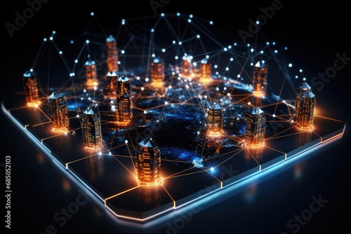 Smart city on a digital globe. 3d rendering toned image double exposure, Futuristic business management system and network line hologram, AI Generated
