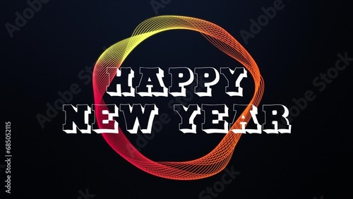 Happy new year ramp up text typography with seamless loop wavy lines moving animation, 2024, new years, Happy new year lettering inscription with glowing wavy lines on background, 2024, Holiday wishes