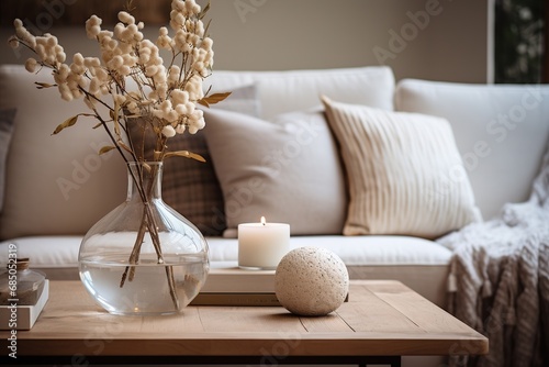 Close-up of a cozy living room  selective focus on a plant in a vase on the table  copy space