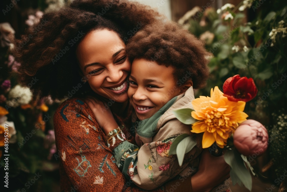 Obraz premium African american mother and daughter with flowers in the garden. Mother's day concept, Grateful ethnic mother with bouquet hugging son, AI Generated