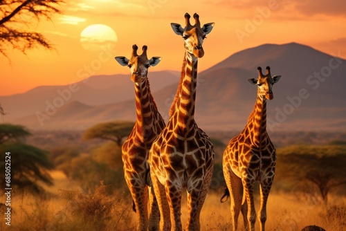Group of giraffes in savannah at sunset  Kenya  Africa  giraffe walking in the savannah  AI Generated