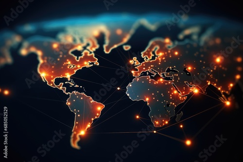 World map glowing with lines and dots. Technology and communication concept. 3D Rendering, Global network connection concept with a world map point and line composition, AI Generated