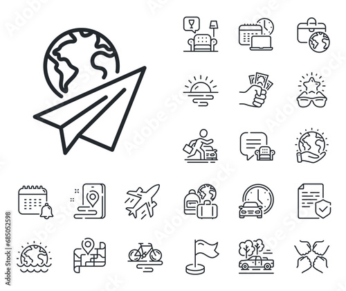 International flight sign. Plane jet, travel map and baggage claim outline icons. Paper plane line icon. Online travel symbol. Paper plane line sign. Car rental, taxi transport icon. Vector