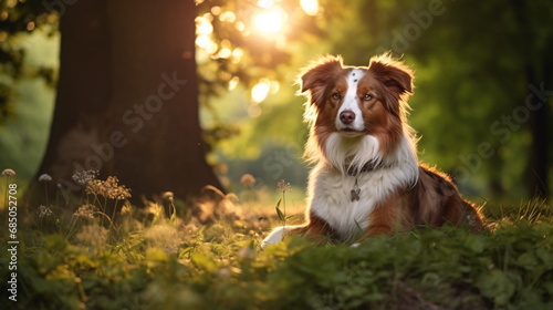 Portrait of australian shepherd dog at sunset in the park photo