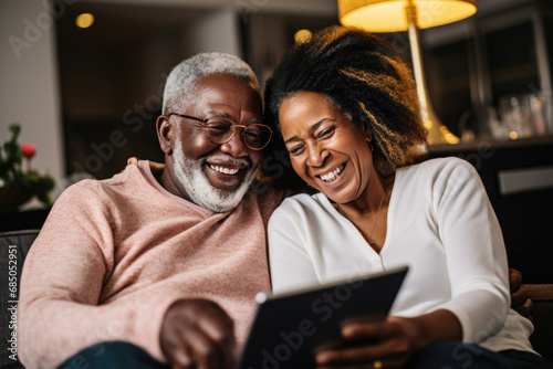 Scene with an elderly black couple smiling and looking at a tablet together photo