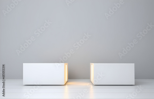 Abstract minimal concept. Two lit glowing cube podium on white grey abstract geometric background and natural shadow. Mock up template for product presentation. 3D rendering. copy text space   © Sandra Chia