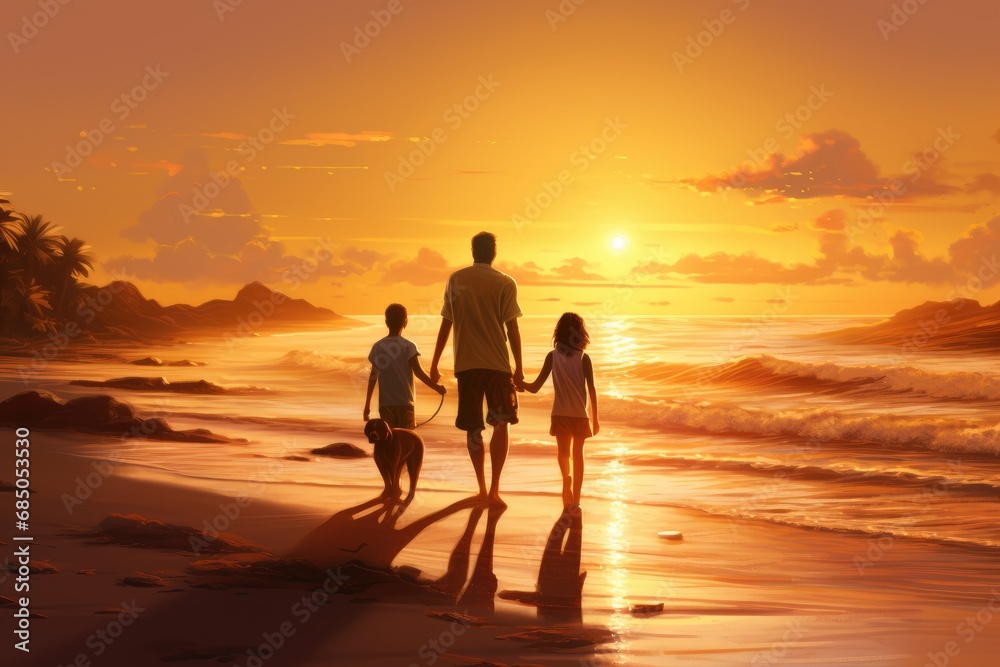 Father and two kids walking on the beach at sunset, family vacation concept, Happy family on sandy beach near sea at sunset, AI Generated